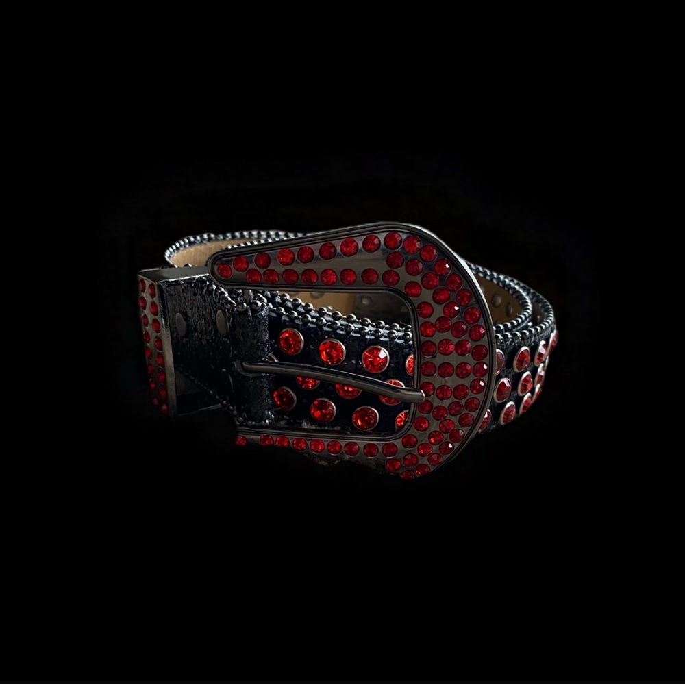 red rhinestone belt with black leather